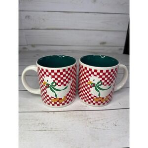 Vintage Goose Mugs Set‎ 2 Red Check Country KIC Korea 1980s Farmhouse
